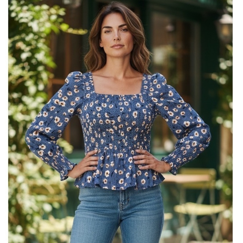 Lovestitch Blue Floral Smocked Peplum Top Square Neck Long Sleeve Prairie Large